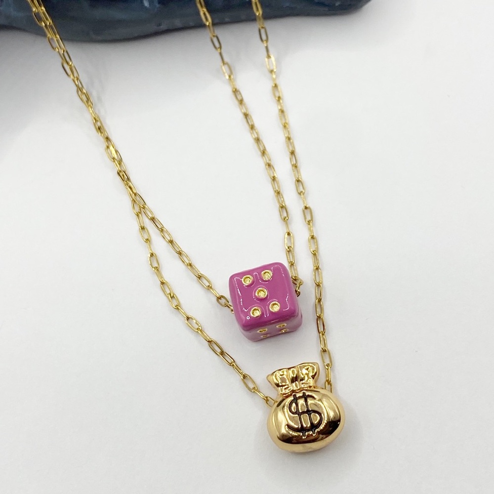 NEW Gold Money Bag & Pink Dice Layered Necklace - Picture 8 of 12